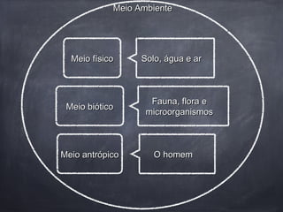 Meio físicoMeio físico Solo, água e arSolo, água e ar
Meio bióticoMeio biótico
Fauna, flora eFauna, flora e
microorganismosmicroorganismos
O homemO homemMeio antrópicoMeio antrópico
Meio AmbienteMeio Ambiente
 
