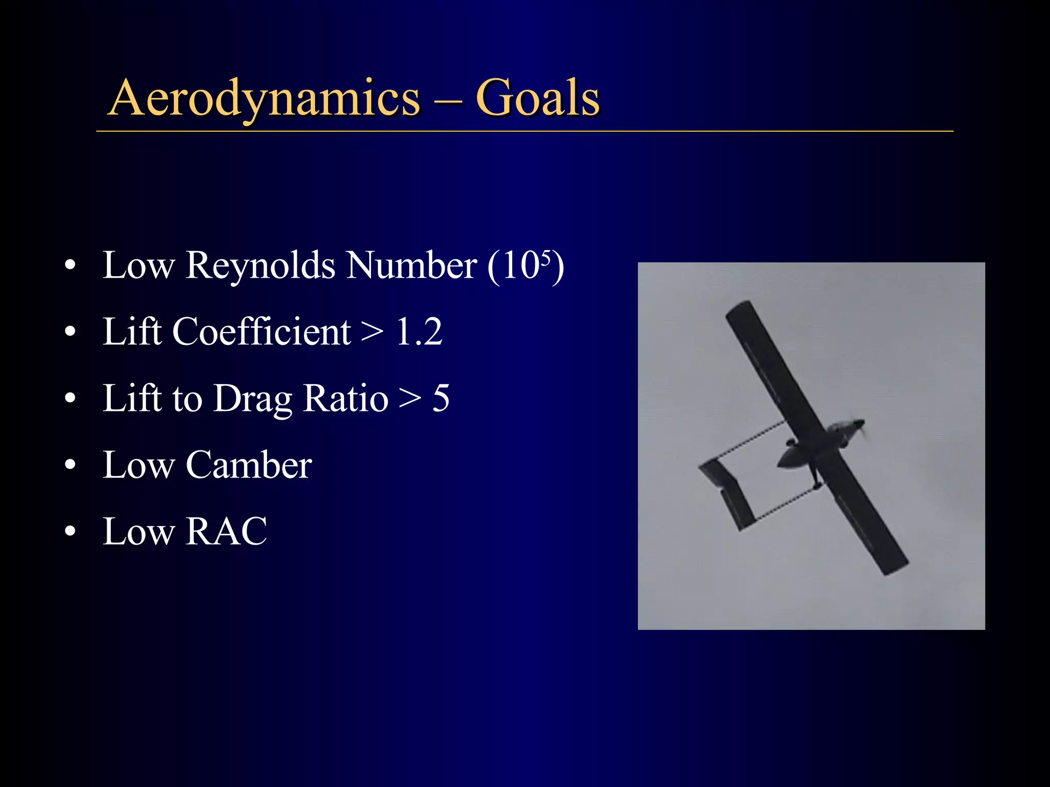 Aerodynamics – Goals  Low Reynolds Number (10 5 ) Lift Coefficient > 1.2 Lift to Drag Ratio > 5 Low Camber Low RAC 