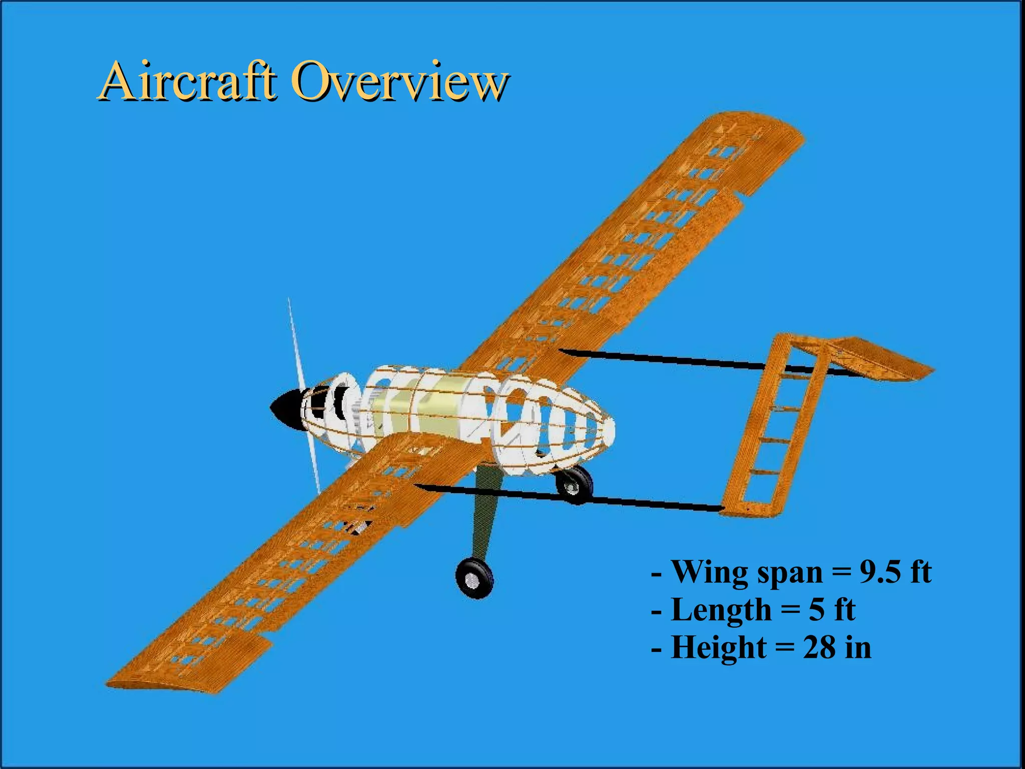 - Wing span = 9.5 ft - Length = 5 ft - Height = 28 in Aircraft Overview 