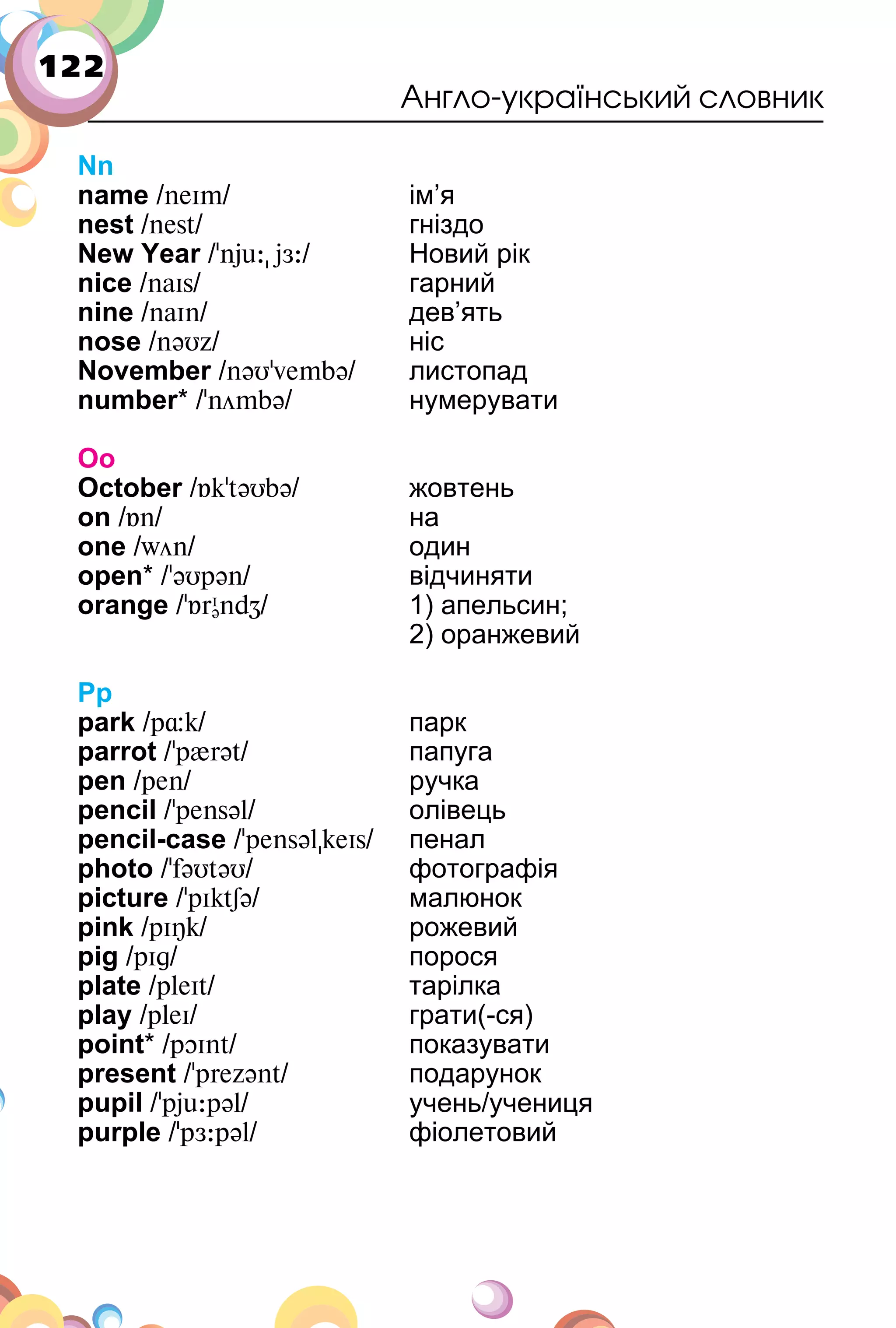 122
Англо-український словник
Nn
name /neIm/ ім’я
nest /nest/ гніздо
New Year /'nju:" jÆ:/ Новий рік
nice /naIs/ гарний
nine /naIn/ дев’ять
nose /nəυz/ ніс
November /nəυ'vembə/ листопад
number* /'n�mbə/ нумерувати
Oo
October /Ák'təυbə/ жовтень
on /Án/ на
one /w�n/ один
open* /'əυpən/ відчиняти
orange /'ÁrI
əndZ/ 1) апельсин;
2) оранжевий
Pp
park /pёk/ парк
parrot /'p{rət/ папуга
pen /pen/ ручка
pencil /'pensəl/ олівець
pencil-case /'pensəl"keIs/ пенал
photo /'fəυtəυ/ фотографія
picture /'pIktʃə/ малюнок
pink /pIОk/ рожевий
pig /pIg/ порося
plate /pleIt/ тарілка
play /pleI/ грати(­ся)
point* /pOInt/ показувати
present /'prezənt/ подарунок
pupil /'pju:pəl/ учень/учениця
purple /'pÆ:pəl/ фіолетовий
 