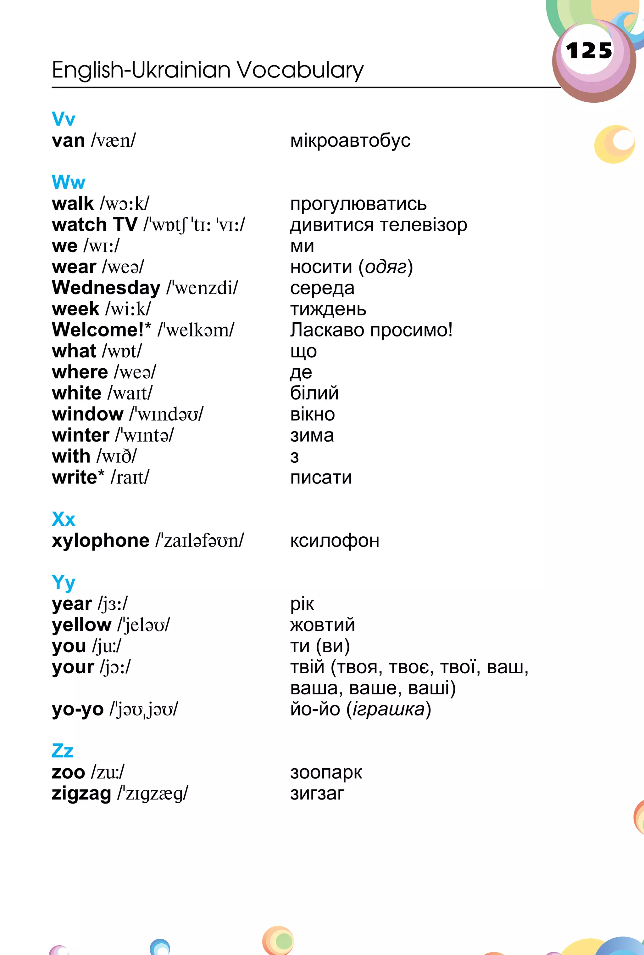 125
English-Ukrainian Vocabulary
Vv
van /v{n/ мікроавтобус
Ww
walk /wO:k/ прогулюватись
watch TV /'wБtS 'tI: 'vI:/ дивитися телевізор
we /wI:/ ми
wear /weə/ носити (одяг)
Wednesday /ʼwenzdi/ середа
week /wi:k/ тиждень
Welcome!* /ʼwelkəm/ Ласкаво просимо!
what /wÁt/ що
where /weə/ де
white /waIt/ білий
window /ʼwIndəυ/ вікно
winter /ʼwIntə/ зима
with /wID/ з
write* /raIt/ писати
Xx
xylophone /'zaIləfəυn/ ксилофон
Yy
year /jÆ:/ рік
yellow /ʼjeləυ/ жовтий
you /j�/ ти (ви)
your /jO:/ твій (твоя, твоє, твої, ваш,
ваша, ваше, ваші)
yo-yo /ʼjəυ"jəυ/ йо­йо (іграшка)
Zz
zoo /z�/ зоопарк
zigzag /ʼzIgz{g/ зигзаг
 