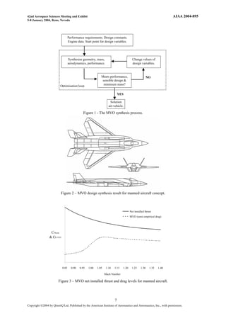 42nd Aerospace Sciences Meeting and Exhibit                                                                            AIAA 2004-895
5-8 January 2004, Reno, Nevada




                                   Performance requirements. Design constants.
                                   Engine data. Start point for design variables.




                                   Synthesise geometry, mass,                            Change values of
                                   aerodynamics, performance.                            design variables.



                                                             Meets performance,                         NO
                                                             sensible design &
                          Optimisation loop                   minimum mass?

                                                                             YES

                                                                     Solution
                                                                    air-vehicle.

                                               Figure 1 - The MVO synthesis process.




                          Figure 2 – MVO design synthesis result for manned aircraft concept.



                                                                                       Net installed thrust
                                                                                       MVO (semi-empirical drag)




                  CThrust
                 & CD TOT




                            0.85     0.90   0.95   1.00   1.05    1.10   1.15   1.20     1.25    1.30    1.35   1.40

                                                                 Mach Number

                        Figure 3 – MVO net installed thrust and drag levels for manned aircraft.




                                                                         7
Copyright Ó2004 by QinetiQ Ltd. Published by the American Institute of Aeronautics and Astronautics, Inc., with permission.
 