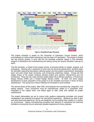 Figure 2. Simplified Project Schedule

The project schedule is based on the University of Colorado’s Course timeline, which
encompasses an entire project experience over the span of 2 semesters. The project is divided
into two primary phases, in sync with the CU semester schedule: design in first semester
(August to December) and manufacturing and testing during the second semester (January to
April).

The first semester, or phase of the project course, is focused entirely on design, analysis, and
prototyping. Starting with a statement of work and the top-level-requirements, students begin
the semester organizing themselves, defining system and sub-system requirements, developing
team and work break down structures, and conducting preliminary design. During the first
design phase of the project students develop project and systems requirements and the
architecture. There are two major decision gates based off of industry practices, a Preliminary
Design Review (PDR) and a Critical Design Review (CDR). At CDR, the entire design
development of each subsystem of the project is to be complete and frozen in terms of future
development. This serves as a critical milestone for the teams to work towards.

The second phase of the project, after CDR, encompasses the manufacturing, integration, and
testing aspects. Each component must be manufactured, tested at a subsystem level,
integrated to the system level, and tested again to both verify and validate all project
requirements.

The project deliverables are set to ensure both systems engineering principles and project
management are projected throughout the educational experience. Students are able to gain
real world technical experience, not by just designing, but by building their creation in a hands-
on environment. Seeing manufacturing processes and learning to understand the technical
limitations of production are an extremely valuable experience for every engineer.

                                               6
                       American Institute of Aeronautics and Astronautics
 