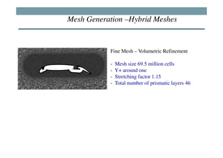 Mesh Generation –Hybrid Meshes


           Fine Mesh – Volumetric Refinement

           -   Mesh size 69.5 million cells
           -   Y+ around one
           -   Stretching factor 1.15
           -   Total number of prismatic layers 46
 