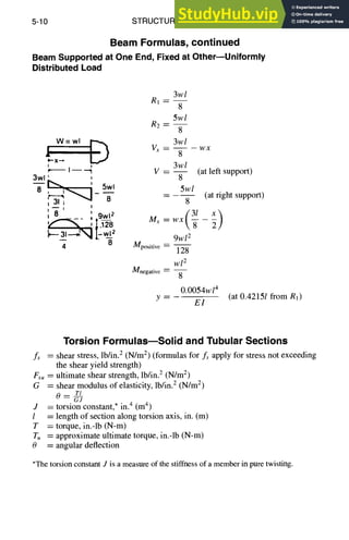 5-10 STRUCTURAL DESIGN
Beam Formulas, continued
Beam Supported at One End, Fixed at Other--Uniformly
Distributed Load
3wl
R1--
8
5wl
R2--
8
W = wl ~ 3wl
l [~ vx= 8 -wx
I,.-X~
3wl
I-- --~ V = (at left support)
3wl L i 8
8 5wl 5wl
: !-....J
3i - ~ 8 (at right support)
I
- ,I_~8 M~ : -
}'-"--31--'-~r~ [-w__
12 9wl 2
4 8 Mp°sitive- 128
wl 2
mnegative ~- 8
0.0054w/4
y -- (at 0.4215/ from Rl)
E1
is
Fsu =
G =
J
l =
T =
T. =
0 =
Torsion FormulasmSolid and Tubular Sections
shear stress, lb/in. 2 (N/m2) (formulas for fs apply for stress not exceeding
the shear yield strength)
ultimate shear strength, lb/in. 2 (N/m2)
shear modulus of elasticity, lb/in. 2 (N/m2)
O~ TI
GJ
torsion constant,* in.4 (m4)
length of section along torsion axis, in. (m)
torque, in.-lb (N-m)
approximate ultimate torque, in.-lb (N-m)
angular deflection
*The torsion constant J is a measure of the stiffness of a member in pure twisting.
 