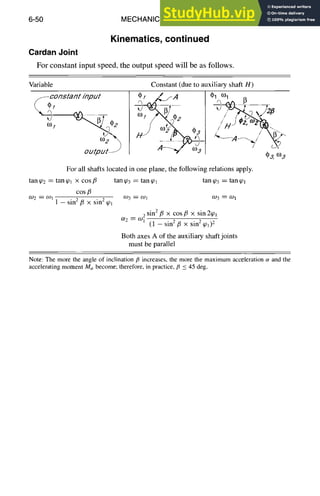 6-50 MECHANICALDESIGN
Kinematics, continued
Cardan Joint
For constant input speed, the output speed will be as follows.
Variable Constant (due to auxiliary shaft H)
~-constant /nput
output?
(~1 0)I
For all shafts located in one plane, the following relations apply.
tan ~02 = tan (Pl x cos/~ tan ~L)
3 = tan ~ol tan ~o3 = tan @1
COS/~
co2 = co~ 1 - sin2/~ x sin2 ~ol co3 = COl O93 = CO1
2 sin2 fl X COS/3 X sin 2~pl
c~2 = o)l (1 -- sin2 ¢~ x sin2 ~Ol)2
Both axes A of the auxiliary shaft joints
must be parallel
Note: The more the angle of inclination/~ increases, the more the maximum acceleration ~ and the
accelerating moment M,~ become; therefore, in practice,/3 _<45 deg.
 