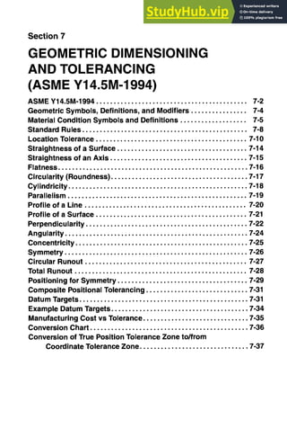 Section 7
GEOMETRIC DIMENSIONING
AND TOLERANCING
(ASME Y14.5M-1994)
ASME Y14.5M-1994 ........................................... 7-2
Geometric Symbols, Definitions, and Modifiers ................ 7-4
Material Condition Symbols and Definitions ................... 7-5
Standard Rules ............................................... 7-8
Location Tolerance ........................................... 7-10
Straightness of a Surface ..................................... 7-14
Straightness of an Axis ....................................... 7-15
Flatness ...................................................... 7-16
Circularity (Roundness) ....................................... 7-17
Cylindricity ................................................... 7-18
Parallelism ................................................... 7-19
Profile of a Line .............................................. 7-20
Profile of a Surface ........................................... 7-21
Perpendicularity .............................................. 7-22
Angularity .................................................... 7-24
Concentricity ................................................. 7-25
Symmetry .................................................... 7-26
Circular Runout .............................................. 7-27
Total Runout ................................................. 7-28
Positioning for Symmetry ..................................... 7-29
Composite Positional Tolerancing ............................. 7-31
Datum Targets ................................................ 7-31
Example Datum Targets ....................................... 7-34
Manufacturing Cost vs Tolerance .............................. 7-35
Conversion Chart ............................................. 7-36
Conversion of True Position Tolerance Zone to/from
Coordinate Tolerance Zone ............................... 7-37
 