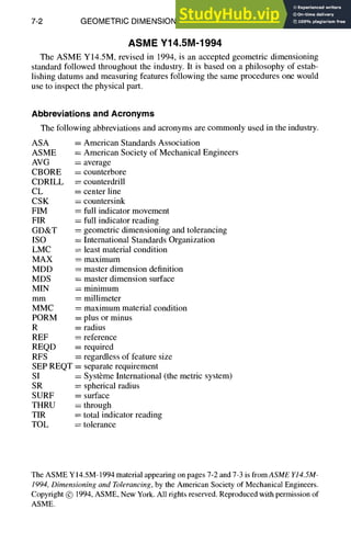 7-2 GEOMETRIC DIMENSIONING AND TOLERANCING
ASME Y14.5M-1994
The ASME Y14.5M, revised in 1994, is an accepted geometric dimensioning
standard followed throughout the industry. It is based on a philosophy of estab-
lishing datums and measuring features following the same procedures one would
use to inspect the physical part.
Abbreviations and Acronyms
The following abbreviations and acronyms are commonly used in the industry.
ASA = American Standards Association
ASME = American Society of Mechanical Engineers
AVG = average
CBORE = counterbore
CDRILL = counterdrill
CL = center line
CSK = countersink
FIM = full indicator movement
FIR = full indicator reading
GD&T = geometric dimensioning and tolerancing
ISO = International Standards Organization
LMC = least material condition
MAX = maximum
MDD = master dimension definition
MDS = master dimension surface
MIN = minimum
mm = millimeter
MMC = maximum material condition
PORM = plus or minus
R = radius
REF = reference
REQD = required
RFS = regardless of feature size
SEP REQT = separate requirement
SI = Systbme International (the metric system)
SR = spherical radius
SURF = surface
THRU = through
TIR = total indicator reading
TOL = tolerance
The ASME Y14.5M-1994 material appearing on pages 7-2 and 7-3 is fromASME Y14.5M-
1994, Dimensioning and Tolerancing, by the American Society of Mechanical Engineers.
Copyright @ 1994, ASME, New York. All rights reserved. Reproduced with permission of
ASME.
 