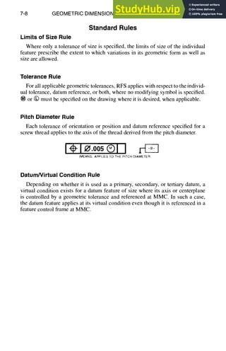 7-8 GEOMETRIC DIMENSIONING AND TOLERANCING
Standard Rules
Limits of Size Rule
Where only a tolerance of size is specified, the limits of size of the individual
feature prescribe the extent to which variations in its geometric form as well as
size are allowed.
Tolerance Rule
For all applicable geometric tolerances, RFS applies with respect to the individ-
ual tolerance, datum reference, or both, where no modifying symbol is specified.
~) or (~) must be specified on the drawing where it is desired, when applicable.
Pitch Diameter Rule
Each tolerance of orientation or position and datum reference specified for a
screw thread applies to the axis of the thread derived from the pitch diameter.
I 10.005 Q I I
(MEANS; APPLIES TO THE PITCH D~AMETER
Datum/Virtual Condition Rule
Depending on whether it is used as a primary, secondary, or tertiary datum, a
virtual condition exists for a datum feature of size where its axis or centerplane
is controlled by a geometric tolerance and referenced at MMC. In such a case,
the datum feature applies at its virtual condition even though it is referenced in a
feature control frame at MMC.
 