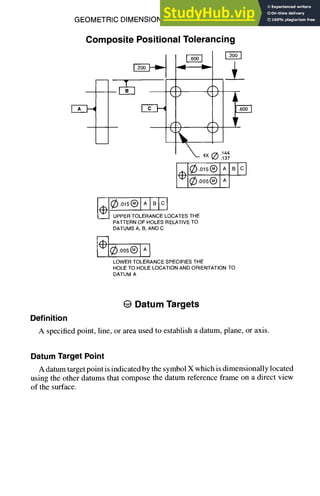 GEOMETRIC DIMENSIONING AND TOLERANCING 7-31
Composite Positional Tolerancing
F~7
~._4× ® .144
.137
@¢0,~@ A B c
~.oo~® A
~f
PATTERN OF HOLES RELATIVE TO
DATUMS A, B, AND C
LOWER TOLERANCE SPECIFIES THE
HOLE TO HOLE LOCATION AND ORIENTATION TO
DATUM A
e Datum Targets
Definition
A specified point, line, or area used to establish a datum, plane, or axis.
DatumTargetPoint
A datum target point is indicated by the symbol X which is dimensionally located
using the other datums that compose the datum reference frame on a direct view
of the surface.
 
