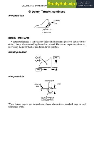 GEOMETRIC DIMENSIONING AND TOLERANCING
0 Datum Targets, continued
Interpretation
//~ LOCATING
/
LINECONTACT
ATBASICDIM
7-33
Drawing Callout
Interpretation
COMPONENT
LOCATING M [~ ~.12
PIN ._~
CONTACTAREAAT
BASICLOCATION
When datum targets are located using basic dimensions, standard gage or tool
tolerances apply.
Datum TargetArea
A datum target area is indicated by section lines inside a phantom outline of the
desired shape with controlling dimensions added. The datum target area diameter
is given in the upper half of the datum target symbol.
 