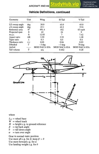 AIRCRAFT AND HELICOPTER DESIGN
Vehicle Definitions, continued
9-3
Geometry Unit Wing H-Tail V-Tail
LE sweep angle deg 30.0 45.0 45.0
c/4 sweep angle deg 23.1 42.2 33.6
Reference area ft2 491.4 162 63 each
Projected span ft 42 24 9
m.a.c, ft 12.83 7 7.42
Aspect ratio AR 3.59 3.55 1.28
Taper ratio L 0.3 0.5 0.4
Thickness ratio t/c 0.05 0.04 0.03
Dihedral F -3 deg -3 deg 70 deg
Airfoil MOD NACA 65A MOD NACA 65A MOD NACA 65A
Tail volume V n/a 0.462 0.28
I I I
where
La = wheel base
W = wheel track
H = height c.g. to ground reference
/3 = tip back angle
0 = tail down angle
ot = turn over angle
Gear in normal static position
Use most aft c.g. for/~, keep/~ > 0
Use most forward c.g. for ol
Use landing weight c.g. for 0
 