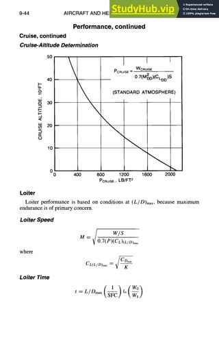 9-44 AIRCRAFTAND HELICOPTER DESIGN
Performance, continued
Cruise, continued
Cruise-Altitude Determination
I-
LL
E,
t.u
a
i-
_J
,<
ILl
E~
rO
50
40
30
20 L
10~

0
0 400 800
PCRUJSE --
[
WCRUISE
0-7(M2D)(CLDD)S
(STANDARD ATMOSPHERE)
1200 1600 2000
PCRUISE,, LB/FT2
Loiter
Loiter performance is based on conditions at (L/D)max, because maximum
endurance is of primary concern.
Loiter Speed
where
Loiter Time
/ w/s
M = V 0"7(P)(CL)(L/D)m~
CL(L/D)ma x =
t = t/Omax ~ ~-WllJ
 