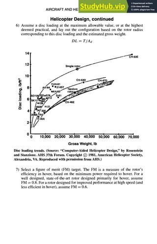 AIRCRAFT AND HELICOPTER DESIGN 9-49
Helicopter Design, continued
6) Assume a disc loading at the maximum allowable value, or at the highest
deemed practical, and lay out the configuration based on the rotor radius
corresponding to this disc loading and the estimated gross weight.
DL = T/Ad
14'
12'
10'
8
g
~ 4¸
2'
~ "~CH-53E
S i n g l e ~
£e$TS~,.o
114'64
° °
I ~ O O A H . ~
l
a
n
o
o
m ..,i?~%i'!:i!
z!ii: "
/
H-~SA
/
! I J I
00 10,000 20,000 30,000 40,000 50,000
/ I I
50,000 70,000
Gross Weight, Ib
Disc loading trends. (Source: "Computer-Aided Helicopter Design" by Rosenstein
and Stanzione. AHS 37th Forum. Copyright ~) 1981,American Helicopter Society,
Alexandria, VA. Reproduced with permission from AHS.)
7) Select a figure of merit (FM) target. The FM is a measure of the rotor's
efficiency in hover, based on the minimum power required to hover. For a
well designed, state-of-the-art rotor designed primarily for hover, assume
FM = 0.8. For a rotor designed for improved performance at high speed (and
less efficient in hover), assume FM = 0.6.
 