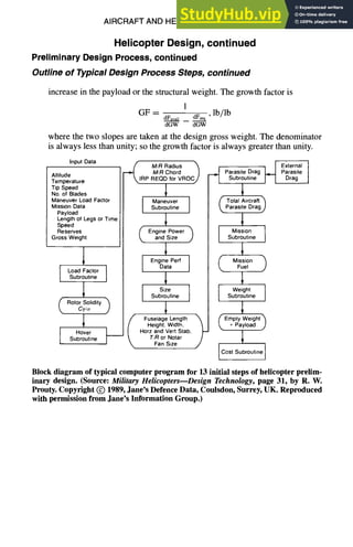 AIRCRAFT AND HELICOPTER DESIGN 9-55
Helicopter Design, continued
Preliminary Design Process, continued
Outline of Typical Design Process Steps, continued
increase in the payload or the structural weight. The growth factor is
1
GF -- dFavail dFre
q , lb/lb
dGW dGW
where the two slopes are taken at the design gross weight. The denominator
is always less than unity; so the growth factor is always greater than unity.
InputData
Altitude
Temperature
Tip Speed
No.of Blades
ManeuverLoadFactor
MissionData
Payload
Lengthof Legsor Time
Speed
Reserves
Gross Weight
i I
Subroutine
~Rotor Solidity
CT/c~ )
I Hover .
Subroutine t-"--
_~ M/RRadius "~
M/RChord
IRP REQDfor VROCJ
I Maneuver
Subroutine I
EnginePower )
and Size
EngineDataPerf I
Size I
Subroutine
I FuselageLength
Height,Width,
Horzand VertStab,
T,Ror Notar
FanSize j
__•
ParasiteDrag
Subroutine
~ TotalAircraft"~
ParasiteDrag,,)
Mission I
Subroutine
Fuel
Weight
Subroutine I
~ EmptyWeight
+ Payload .)
CostSubroutine
Block diagram of typical computer program for 13 initial steps of helicopter prelim-
inary design. (Source: Military Helicopters--Design Technology,page 31, by R. W.
Prouty. Copyright (~) 1989, Jane's Defence Data, Coulsdon, Surrey, UK. Reproduced
with permission from Jane's Information Group.)
 