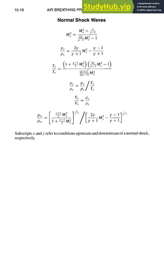 10-16 AIR BREATHING PROPULSION DESIGN
Normal Shock Waves
2
M2 -[- y_l
2
My-- 2y
× 1M~ -1
Py _ 2______~_Y
M2_Y-1
Px y+l y+l
y-I M2"~( 2y M2 _ _ 1)
7) = (1 + 7- x/tTz-r*-x
r x (Yq-1)2 M 2
2(-7--1) x
PY-- PY/ ~xx
Px Px
Vy Px
m
V~ py
Pry _ T-'-~ |
p,x l~-Y-l~2/-
2 "".j / LY+I x 777
Subscripts x and y refer to conditions upstream and downstream of a normal shock,
respectively.
 