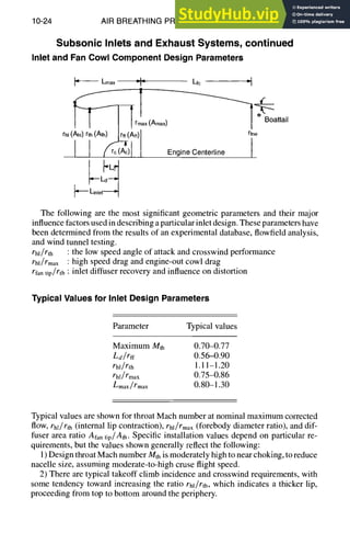 10-24 AIR BREATHING PROPULSION DESIGN
Subsonic Inlets and Exhaust Systems, continued
Inlet and Fan Cowl Component Design Parameters
d
I- Lmax D'lq Lfc
~ lr!ax
(Amax)
~~r~ e~BOattail
rhl
(ihl)r]h
(Ath2(~cc~iff)Engine
Centerline }ne
1"~ kinlet=I
The following are the most significant geometric parameters and their major
influence factors used in describing a particular inlet design. These parameters have
been determined from the results of an experimental database, flowfield analysis,
and wind tunnel testing.
rh]/rth : the low speed angle of attack and crosswind performance
rh]/rmax : high speed drag and engine-out cowl drag
rfa. tip/rth : inlet diffuser recovery and influence on distortion
Typical Values for Inlet Design Parameters
Parameter Typical values
Maximum Mth 0.70-0.77
Ld/rff 0.56-0.90
rh]/rth 1.11--1.20
rhl/ rmax 0.75--0.86
Lmax/rmax 0.80-1.30
Typical values are shown for throat Mach number at nominal maximum corrected
flow, rhl/rth (internal lip contraction), rh]/rma× (forebody diameter ratio), and dif-
fuser area ratio Afa, tip/Ath. Specific installation values depend on particular re-
quirements, but the values shown generally reflect the following:
1)Design throat Mach number Mth is moderately high to near choking, to reduce
nacelle size, assuming moderate-to-high cruse flight speed.
2) There are typical takeoff climb incidence and crosswind requirements, with
some tendency toward increasing the ratio rhl/rth, which indicates a thicker lip,
proceeding from top to bottom around the periphery.
 