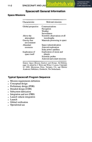11-2 SPACECRAFT AND LAUNCH VEHICLE DESIGN
Spacecraft General Information
SpaceMissions
Characteristic Relevant missions
Global perspective
Above the
atmosphere
Gravity-free
environment
Abundant
resources
Exploration of
space itself
Communications
Navigation
Weather
Surveillance
Scientific observations at all
wavelengths
Materials processing in space
Space industrialization
Asteroid exploration
Solar power satellites
Exploration of moon and
planets
Scientific probes
Asteroid and comet missions
Source: Space Mission Analysis and Design, 3rd Edition,
page 14, edited by J. Wertz and Wiley J. Larson. Copyright
(~) 1999, Microcosm Press, Torrance, CA, and Kluwer
Academic Publishers, Dordrecht, The Netherlands.
TypicalSpacecraftProgramSequence
• Mission requirements definition
• Conceptual design
• Preliminary design (PDR)
• Detailed design (CDR)
• Subsystem fabrication
• Integration and test (FRR)
• Launch vehicle integration
• Launch
• Orbital verification
• Operational use
 