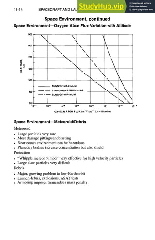 1 1-14 SPACECRAFT AND LAUNCH VEHICLE DESIGN
Space Environment, continued
Space Environment--Oxygen Atom FluxVariationwith Altitude
a
i-.
.J
<~
9OO
800
700
60(]
sooI
400
 
• 
 
•%


300
1012 1016
SUNSPOT MAXIMUM
~ STANDARD ATMOSPHERE
- ~ SUNSPOT MINIMUM
L
10 I"~ 1014 10is








1017 10TM 1019
OXYGEN ATOM FLUX (m -2 sec-l), v = 8 kin/tee
Space Environment--Meteoroid/Debris
Meteoroid
• Large particles very rare
• Most damage pitting/sandblasting
• Near comet environment can be hazardous
• Planetary bodies increase concentration but also shield
Protection
• "Whipple meteor bumper" very effective for high velocity particles
• Large slow particles very difficult
Debris
• Major, growing problem in lowEarth orbit
• Launch debris, explosions, ASAT tests
• Armoring imposes tremendous mass penalty
 