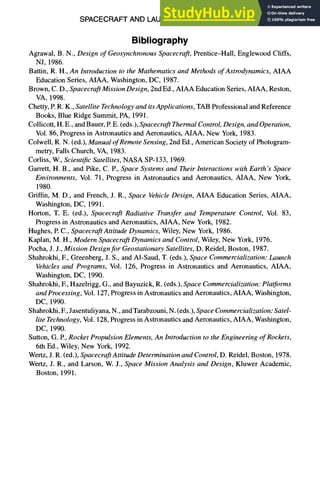 SPACECRAFT AND LAUNCH VEHICLE DESIGN 11-75
Bibliography
Agrawal, B. N., Design of Geosynchronous Spacecraft, Prentice-Hall, Englewood Cliffs,
NJ, 1986.
Battin, R. H., An Introduction to the Mathematics and Methods of Astrodynamics, AIAA
Education Series, AIAA, Washington, DC, 1987.
Brown, C. D., Spacecraft Mission Design, 2nd Ed., AIAAEducation Series, AIAA, Reston,
VA, 1998.
Chetty, P. R. K., Satellite Technologyand itsApplications, TAB Professional and Reference
Books, Blue Ridge Summit, PA, 1991.
Collicott, H. E., and Bauer, P.E. (eds.), Spacecraft Thermal Control,Design, and Operation,
Vol. 86, Progress in Astronautics and Aeronautics, AIAA, New York, 1983.
Colwell, R. N. (ed.), Manual ofRemote Sensing, 2nd Ed., American Society of Photogram-
metry, Falls Church, VA, 1983.
Corliss, W., Scientific Satellites, NASA SP-133, 1969.
Garrett, H. B., and Pike, C. P., Space Systems and Their Interactions with Earth's Space
Environments, Vol. 71, Progress in Astronautics and Aeronautics, AIAA, New York,
1980.
Griffin, M. D., and French, J. R., Space Vehicle Design, AIAA Education Series, AIAA,
Washington, DC, 1991.
Horton, T. E. (ed.), Spacecraft Radiative Transfer and Temperature Control, Vol. 83,
Progress in Astronautics and Aeronautics, AIAA, New York, 1982.
Hughes, P. C., Spacecraft Attitude Dynamics, Wiley, New York, 1986.
Kaplan, M. H., Modern Spacecraft Dynamics and Control, Wiley, New York, 1976.
Pocha, J. J., Mission Designfor Geostationary Satellites, D. Reidel, Boston, 1987.
Shahrokhi, E, Greenberg, J. S., and Al-Saud, T. (eds.), Space Commercialization: Launch
Vehicles and Programs, Vol. 126, Progress in Astronautics and Aeronautics, AIAA,
Washington, DC, 1990.
Shahrokhi, E, Hazelrigg, G., and Bayuzick, R. (eds.), Space Commercialization: PlaOeorms
and Processing, Vol. 127,Progress in Astronautics and Aeronautics, AIAA, Washington,
DC, 1990.
Shahrokhi, E, Jasentuliyana, N., and Tarabzouni, N. (eds.), Space Commercialization: Satel-
lite Technology,Vol. 128,Progress in Astronautics and Aeronautics, AIAA, Washington,
DC, 1990.
Sutton, G. P., Rocket Propulsion Elements, An Introduction to the Engineering of Rockets,
6th Ed., Wiley, New York, 1992.
Wertz, J. R. (ed.), Spacecraft Attitude Determination and Control, D. Reidel, Boston, 1978.
Wertz, J. R., and Larson, W. J., Space Mission Analysis and Design, Kluwer Academic,
Boston, 1991.
 
