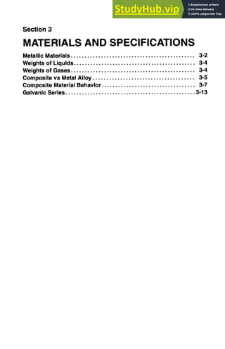 Section 3
MATERIALS AND SPECIFICATIONS
Metallic Materials ............................................. 3-2
Weights of Liquids ............................................ 3-4
Weights of Gases ............................................. 3-4
Composite vs Metal Alloy ..................................... 3-5
Composite Material Behavior .................................. 3-7
Galvanic Series ............................................... 3-13
 