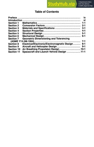 Table of Contents
Preface ............................................................
Introduction .......................................................
Section 1
Section 2
Section 3
Section 4
Section 5
Section 6
Section 7
(ASME Y1
Section 8
Section 9
Section 10
Section 11
Mathematics .........................................
Conversion Factors ..................................
Materials and Specifications ........................
Section Properties ...................................
Structural Design ....................................
Mechanical Design ...................................
Geometric Dimensioning and Tolerancing
4.5M-1994) ............................................
Electrical/Electronic/Electromagnetic Design .......
Aircraft and Helicopter Design ......................
ix
xi
1-1
2-1
3-1
4-1
5-1
6-1
7-1
8-1
9-1
Air Breathing Propulsion Design .................... 10-1
Spacecraft and Launch Vehicle Design ............. 11-1
 