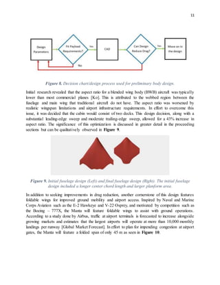 11
Figure 8. Decision chart/design process used for preliminary body design.
Initial research revealed that the aspect ratio for a blended wing body (BWB) aircraft was typically
lower than most commercial planes [Ko]. This is attributed to the webbed region between the
fuselage and main wing that traditional aircraft do not have. The aspect ratio was worsened by
realistic wingspan limitations and airport infrastructure requirements. In effort to overcome this
issue, it was decided that the cabin would consist of two decks. This design decision, along with a
substantial leading-edge sweep and moderate trailing-edge sweep, allowed for a 43% increase in
aspect ratio. The significance of this optimization is discussed in greater detail in the proceeding
sections but can be qualitatively observed in Figure 9.
Figure 9. Initial fuselage design (Left) and final fuselage design (Right). The initial fuselage
design included a longer center chord length and larger planform area.
In addition to seeking improvements in drag reduction, another cornerstone of this design features
foldable wings for improved ground mobility and airport access. Inspired by Naval and Marine
Corps Aviation such as the E-2 Hawkeye and V-22 Osprey, and motivated by competition such as
the Boeing – 777X, the Manta will feature foldable wings to assist with ground operations.
According to a study done by Airbus, traffic at airport terminals is forecasted to increase alongside
growing markets and estimates that the largest airports will operate at more than 10,000 monthly
landings per runway [Global Market Forecast]. In effort to plan for impending congestion at airport
gates, the Manta will feature a folded span of only 45 m as seen in Figure 10.
 