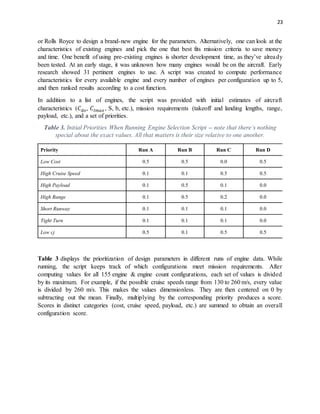 23
or Rolls Royce to design a brand-new engine for the parameters. Alternatively, one can look at the
characteristics of existing engines and pick the one that best fits mission criteria to save money
and time. One benefit of using pre-existing engines is shorter development time, as they’ve already
been tested. At an early stage, it was unknown how many engines would be on the aircraft. Early
research showed 31 pertinent engines to use. A script was created to compute performance
characteristics for every available engine and every number of engines per configuration up to 5,
and then ranked results according to a cost function.
In addition to a list of engines, the script was provided with initial estimates of aircraft
characteristics (𝐶 𝑑𝑜, 𝐶𝑙𝑚𝑎𝑥, S, b, etc.), mission requirements (takeoff and landing lengths, range,
payload, etc.), and a set of priorities.
Table 3. Initial Priorities When Running Engine Selection Script -- note that there’s nothing
special about the exact values. All that matters is their size relative to one another.
Table 3 displays the prioritization of design parameters in different runs of engine data. While
running, the script keeps track of which configurations meet mission requirements. After
computing values for all 155 engine & engine count configurations, each set of values is divided
by its maximum. For example, if the possible cruise speeds range from 130 to 260 m/s, every value
is divided by 260 m/s. This makes the values dimensionless. They are then centered on 0 by
subtracting out the mean. Finally, multiplying by the corresponding priority produces a score.
Scores in distinct categories (cost, cruise speed, payload, etc.) are summed to obtain an overall
configuration score.
Priority Run A Run B Run C Run D
Low Cost 0.5 0.5 0.0 0.5
High Cruise Speed 0.1 0.1 0.5 0.5
High Payload 0.1 0.5 0.1 0.0
High Range 0.1 0.5 0.2 0.0
Short Runway 0.1 0.1 0.1 0.0
Tight Turn 0.1 0.1 0.1 0.0
Low cj 0.5 0.1 0.5 0.5
 