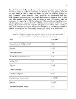 41
The iter8 Manta is not a budget aircraft—state of the art innovation designed to provide a premier
passenger experience in addition to affordability and efficiency has a large price tag. Using the
cost model outlined in Table 11, the raw unit material cost of the iter8 Manta was estimated at a
steep $100 million, barring engineering, testing, certification, and manufacturing labor costs.
While this may be a staggering figure, keep in mind that the technology aboard the Manta is cutting
edge, unlike anything on the market. It has the capacity to carry 400 passengers safely and
comfortably for a range of up to ~9,000km, reduce noise pollution with its top-housed high bypass
turbofan engines, reduce passenger discomfort and fatigue as well as mitigate aerodynamic loading
damage with its sleek carbon fiber composite shell, promote sustainability with a supercritical
airfoil profile which reduces drag and therefore fuel consumption, all while fitting comfortably in
domestic gates worldwide with a folded-wings fuselage span of 45m; this is unprecedented.
Table 11. Estimates for the raw unit materials cost for the aircraft. Excludes testing,
manufacturing labor, marketing, and engineering costs. [Arnot]
Item Cost ($Mil.)
Carbon composite fuselage nacelle* 23.8
Glassware 0.026
Aluminum skeleton* 1.46
Steel & Titanium reinforcements* 3.78
Landing Gear 0.80
Tires (8) 0.048
Avionics/Flight Deck 1.5
APU/Pressure Systems 0.35
Seats (economy, business class) 1.05, 0.25
Seatbelts 0.0252
Seatback Entertainment systems 8.0
 