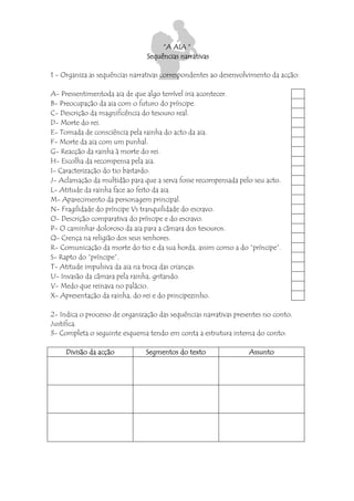 “A AIA “
Sequências narrativas
1 - Organiza as sequências narrativas correspondentes ao desenvolvimento da acção:
A- Pressentimentoda aia de que algo terrível iria acontecer.
B- Preocupação da aia com o futuro do príncipe.
C- Descrição da magnificência do tesouro real.
D- Morte do rei.
E- Tomada de consciência pela rainha do acto da aia.
F- Morte da aia com um punhal.
G- Reacção da rainha à morte do rei.
H- Escolha da recompensa pela aia.
I- Caracterização do tio bastardo.
J- Aclamação da multidão para que a serva fosse recompensada pelo seu acto.
L- Atitude da rainha face ao feito da aia.
M- Aparecimento da personagem principal.
N- Fragilidade do príncipe Vs tranquilidade do escravo.
O- Descrição comparativa do príncipe e do escravo.
P- O caminhar doloroso da aia para a cãmara dos tesouros.
Q- Crença na religião dos seus senhores.
R- Comunicação da morte do tio e da sua horda, assim como a do “príncipe”.
S- Rapto do “príncipe”.
T- Atitude impulsiva da aia na troca das crianças.
U- Invasão da câmara pela rainha, gritando.
V- Medo que reinava no palácio.
X- Apresentação da rainha, do rei e do principezinho.
2- Indica o processo de organização das sequências narrativas presentes no conto.
Justifica.
3- Completa o seguinte esquema tendo em conta a estrutura interna do conto:
Divisão da acção Segmentos do texto Assunto
 