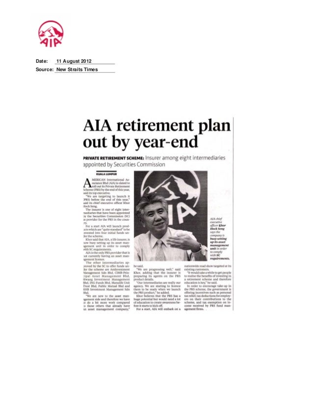 AIA retirement plan out by yearend