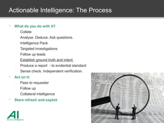 Actionable Intelligence: The Process
 What do you do with it?
 Collate
 Analyse. Deduce. Ask questions.
 Intelligence ...