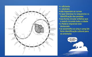 •	+ eficiente
•	+ abstrato
•	não importam as curvas
•	o que interesa é a sequencia e a
  identificação das paradas
•	sua forma circular enfatiza que
  o metrô circunda toda a cidade
•	o Palácio Imprerial está
  destacado
•	se assemelha ao ying e yang (de
  forte identificação cultural para
  os orientais)
 