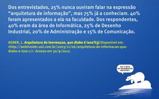 Dos entrevistados, 25% nunca ouviram falar na expressão
“arquitetura de informação”, mas 75% já a conheciam. 40%
foram apresentados a ela na faculdade. Dos respondentes,
40% eram da área de Informática, 25% de Desenho
Industrial, 20% de Administração e 15% de Comunicação.

AGNER, L. Arquitetura de Inormaçao, que diabo é isso?(3) Disponível em:
<http://webinsider.uol.com.br/2003/11/06/arquitetura-de-informacao-que-
diabo-e-isso-1/>. Acesso em 30/9/2012.
 