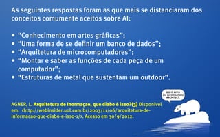 As seguintes respostas foram as que mais se distanciaram dos
conceitos comumente aceitos sobre AI:

•	 “Conhecimento em artes gráficas”;
•	 “Uma forma de se definir um banco de dados”;
•	 “Arquitetura de microcomputadores”;
•	 “Montar e saber as funções de cada peça de um
   computador”;
•	 “Estruturas de metal que sustentam um outdoor”.


AGNER, L. Arquitetura de Inormaçao, que diabo é isso?(3) Disponível
em: <http://webinsider.uol.com.br/2003/11/06/arquitetura-de-
informacao-que-diabo-e-isso-1/>. Acesso em 30/9/2012.
 