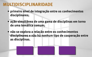 MULTIDISCIPLINARIDADE
 •	 primeiro nível de integração entre os conhecimentos
    disciplinares;

 •	 ação simultânea de uma gama de disciplinas em torno
    de uma temática comum;

 •	 não se explora a relação entre os conhecimentos
    disciplinares e não há nenhum tipo de cooperação entre
    as disciplinas.
 