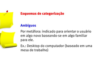 Esquemas de categorização


Ambíguos
Por metáfora: indicado para orientar o usuário
em algo novo baseando-se em algo familiar
para ele.
Ex.: Desktop do computador (baseado em uma
mesa de trabalho)
 