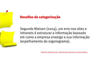 Desafios da categorização


Segundo Nielsen (2004), um erro nos sites e
intranets é estruturar a informação baseado
em como a empresa enxerga a sua informação
(espelhamento do organograma).


            Fabrício Marchezini, Karine Drumond e Leandro Alves
 