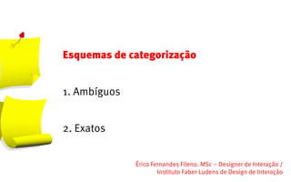 Esquemas de categorização


1. Ambíguos


2. Exatos


              Érico Fernandes Fileno. MSc – Designer de Interação /                                                       
                      Instituto Faber-Ludens de Design de Interação
 