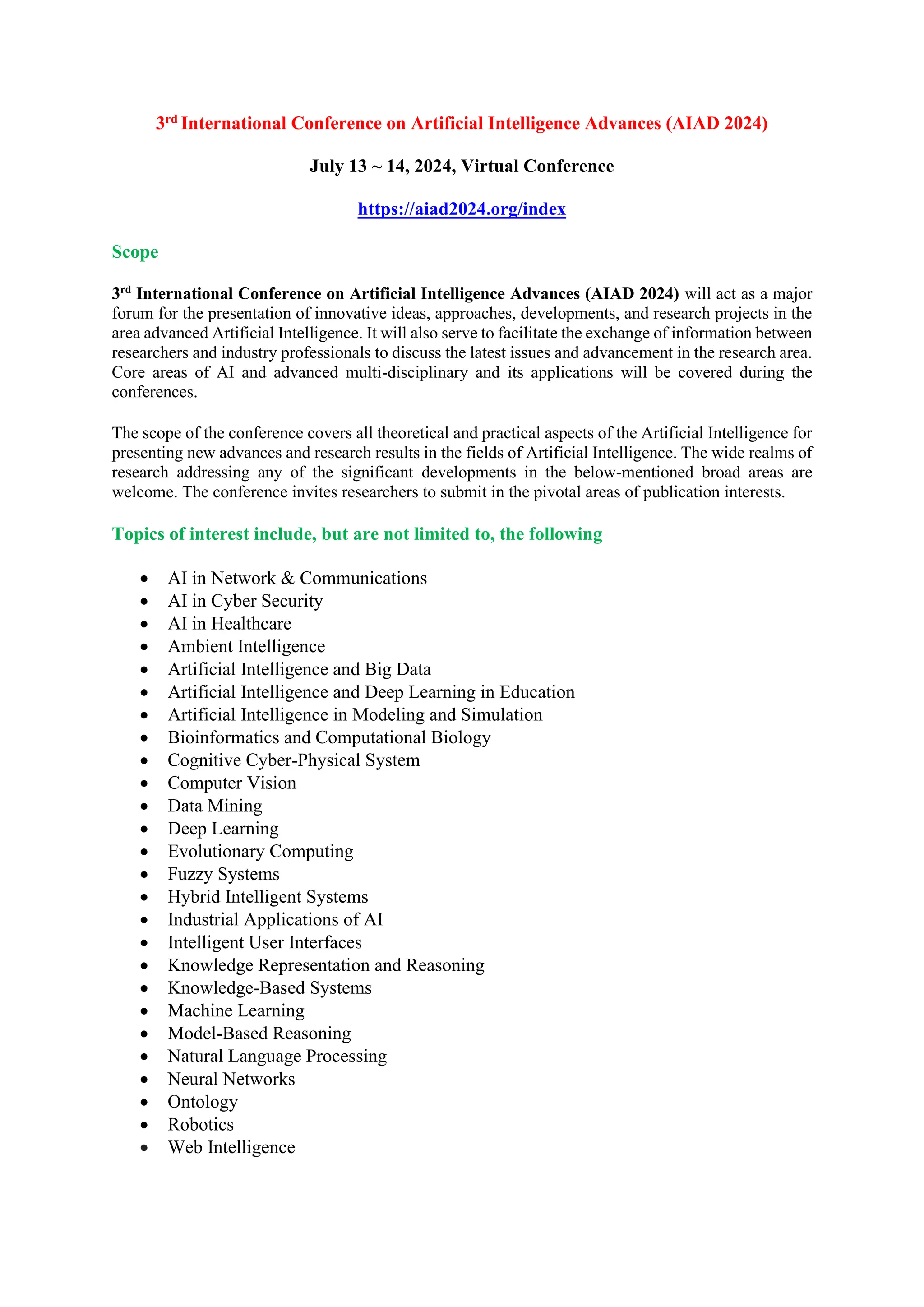 3rd International Conference on Artificial Intelligence Advances (AIAD ...