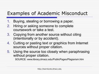 http://learntocite.dmacc.edu
Examples of Academic Misconduct
1. Buying, stealing or borrowing a paper.
2. Hiring or asking someone to complete
coursework or take a test.
3. Copying from another source without citing
(intentionally or by accident).
4. Cutting or pasting text or graphics from Internet
sources without proper citation.
5. Using the source too closely when paraphrasing
without proper citation.
SOURCE: www.library.dmacc.edu/PublicPages/Plagiarism.htm
 