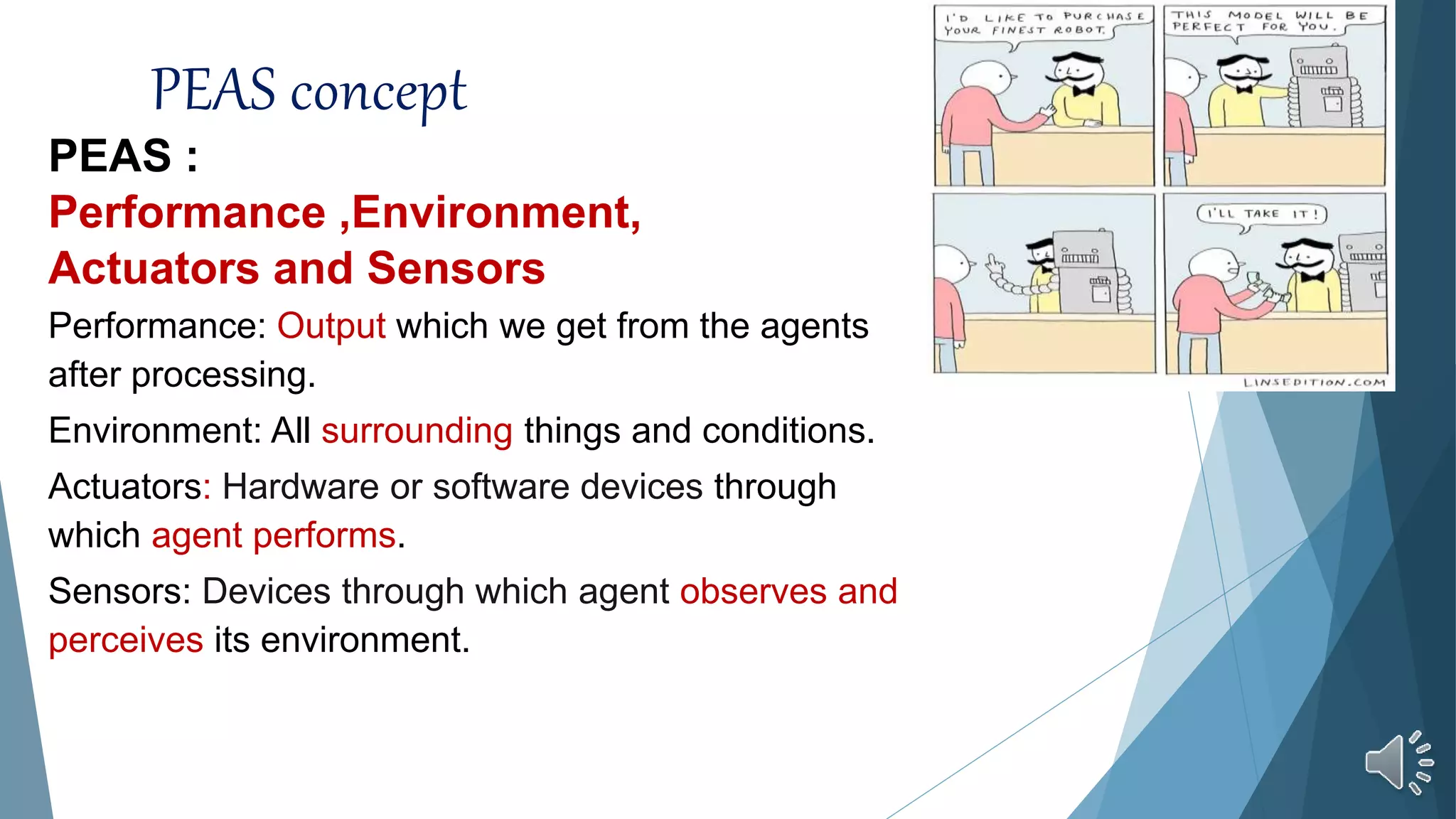 PEAS concept
PEAS :
Performance ,Environment,
Actuators and Sensors
Performance: Output which we get from the agents
after processing.
Environment: All surrounding things and conditions.
Actuators: Hardware or software devices through
which agent performs.
Sensors: Devices through which agent observes and
perceives its environment.
 