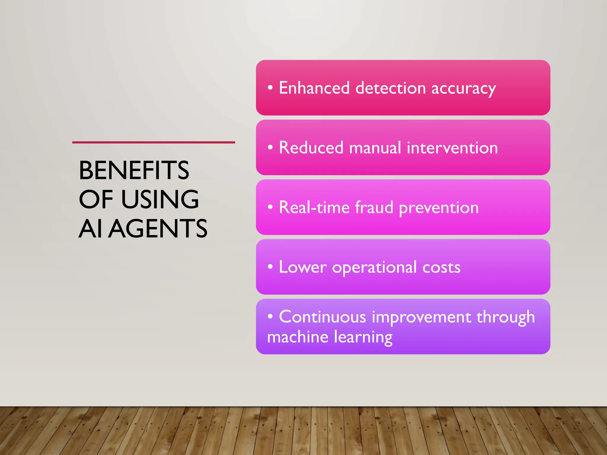 BENEFITS
OF USING
AI AGENTS
• Enhanced detection accuracy
• Reduced manual intervention
• Real-time fraud prevention
• Lower operational costs
• Continuous improvement through
machine learning
 