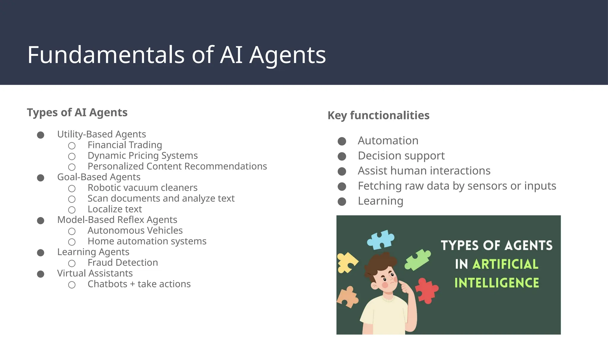 Fundamentals of AI Agents
Types of AI Agents
● Utility-Based Agents
○ Financial Trading
○ Dynamic Pricing Systems
○ Personalized Content Recommendations
● Goal-Based Agents
○ Robotic vacuum cleaners
○ Scan documents and analyze text
○ Localize text
● Model-Based Reflex Agents
○ Autonomous Vehicles
○ Home automation systems
● Learning Agents
○ Fraud Detection
● Virtual Assistants
○ Chatbots + take actions
Key functionalities
● Automation
● Decision support
● Assist human interactions
● Fetching raw data by sensors or inputs
● Learning
 