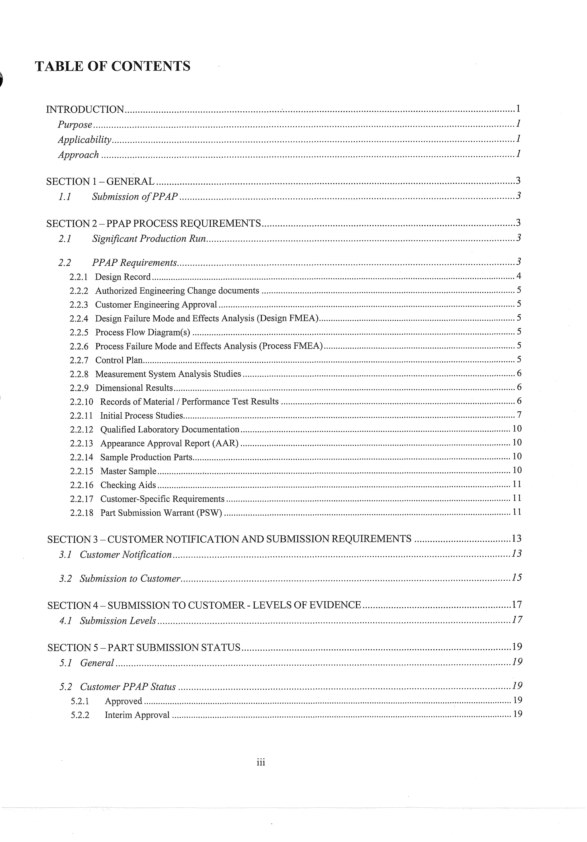 .....................................................................................................................................................
INTRODUCTION 1
................................................................................................................................................................
Purpose 1
..........................................................................................................................................................
Applicability 1
..............................................................................................................................................................
Approach 1
.........................................................................................................................................
SECTION 1.
GENERAL 3
...............................................................................................................................
1.1 Sz~bmissio~~
of PPAP 3
.................................................................................................
SECTION2.
PPAP PROCESSREQUIREMENTS 3
2.1 SigniJicantProdz~ction
Run..................................................................................................................... 3
2.2 PPAP Requirements................................................................................................................................ 3
.........................................................................................................................................................
2.2.1 Design Record 4
...........................................................................................................
2.2.2 Authorized Engineering Change documents 5
2.2.3 Customer Engineering Approval .............................................................................................................................
5
2.2.4 Design Failure Mode and Effects Analysis (Design FMEA)...................................................................................
5
........................................................................................................................................
2.2.5 Process Flow Diagram(s) 5
.................................................................................
2.2.6 Process Failure Mode and Effects Analysis (Process FMEA) 5
.............................................................................................................................................................
2.2.7 Control Plan 5
...................................................................................................................
2.2.8 Measurement System Analysis Studies 6
................................................................................................................................................
2.2.9 Dimensional Results 6
...................................................................................................
2.2.10 Records of Material / Performance Test Results 6
2.2.11 Initial Process Studies............................................................................................................................................
7
..................................................................................................................
2.2.12 Qualified Laboratoly Documentation 10
..................................................................................................................
2.2.13 Appearance Approval Report (AAR) 10
......................................................................................................................................
2.2.14 Sample Production Parts 10
.....................................................................................................................................................
2.2.15 Master Sample 10
.....................................................................................................................................................
2.2.16 Checlung Aids 11
........................................................................................................................
2.2.17 Customer-Specific Requirements 11
.........................................................................................................................
2.2.18 Part Submission Warrant (PSW) 11
.....................................
SECTION3.
CUSTOMERNOTIFICATION AND SUBMISSIONREQUIREMENTS 13
3.1 Cz~stomer
Notijkation ................................................................................................................................1 3
........................................................
SECTION4 .
SUBMISSIONTO CUSTOMER .
LEVELS OF EVIDENCE 1 7
....................................................................................................................................
4.1 Submission Levels 1 7
..................................................................................................
SECTION5-PART SUBMISSION STATUS 1 9
.....................................................................................................................................................
5.1 General 1 9
..............................................................................................................................
5.2 CustomerPPAP Status 1 9
...........................................................................................................................................................
5.2.1 Approved 19
...............................................................................................................................................
5.2.2 Interim Approval 19
 