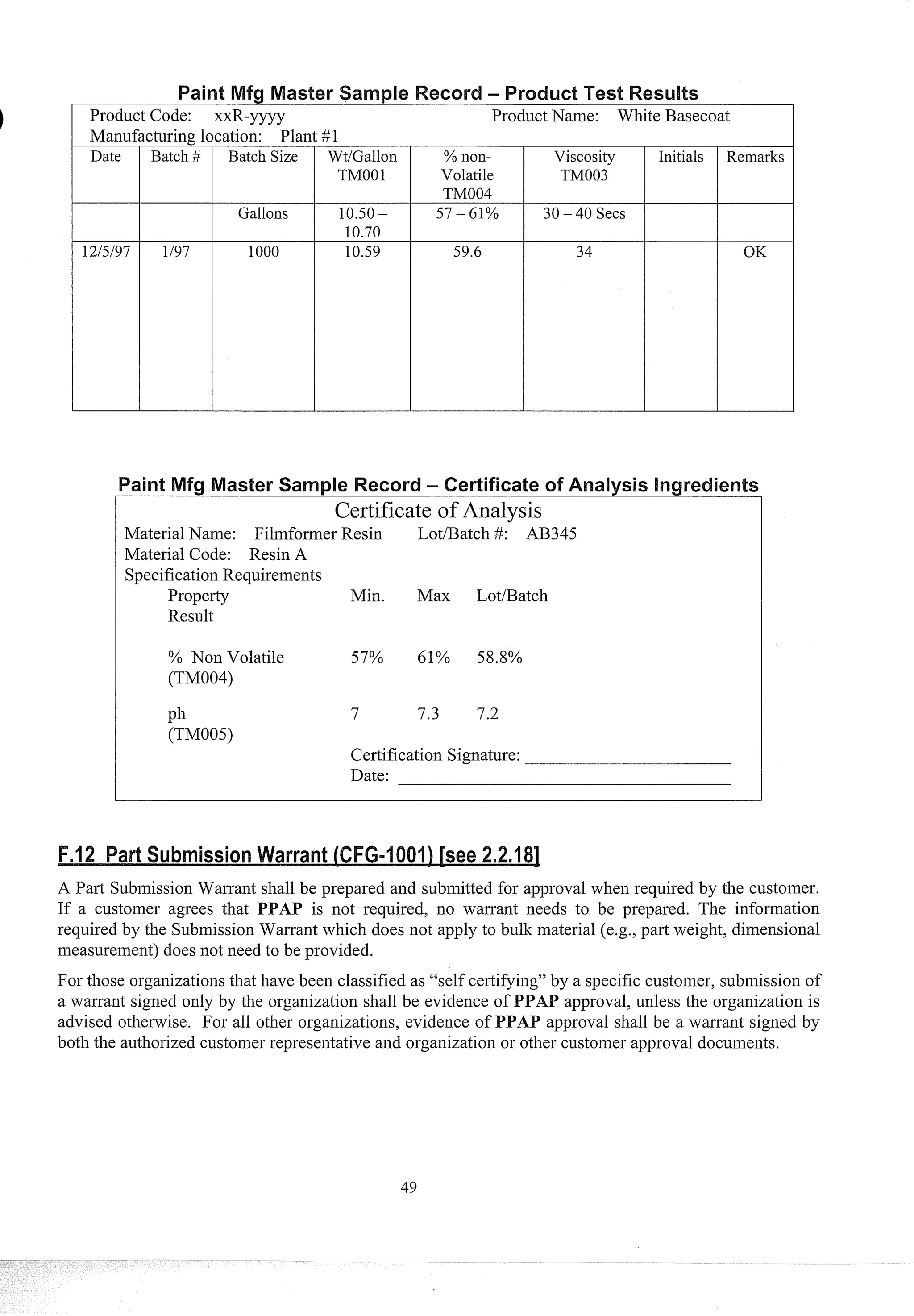 Product Code: xxR-yyyy Prod~lct
Name: White Basecoat
Date Batch # Batch Size
Gallons
WtIGallon
TMOO1
57 - 61% 30 - 40 Secs
% non-
Volatile
TM004
Viscosity
TM003
Certificate of Analysis
Material Name: Filmformer Resin LotIBatch #: AB345
Material Code: Resin A
Specification Requirements
Property Min. Max LotIBatch
Result
Initials
% Non Volatile 57% 61% 58.8%
(TM004)
Remarks
ph 7 7.3 7.2
(TM005)
Certification Signature:
Date:
A Part Submission Warrant shall be prepared and submitted for approval when required by the customer.
If a customer agrees that PPAP is not required, no warrant needs to be prepared. The information
required by the Submission Warrant which does not apply to bulk material (e.g., part weight, dimensional
measurement) does not need to be provided.
For those organizations that have been classified as "self certifying" by a specific customer, subniission of
a warrant signed only by the organization shall be evidence of PPAP approval, unless the organization is
advised otherwise. For all other organizations, evidence of PPA approval shall be a warrant signed by
both the authorized customer representative and organization or other customer approval documents.
 
