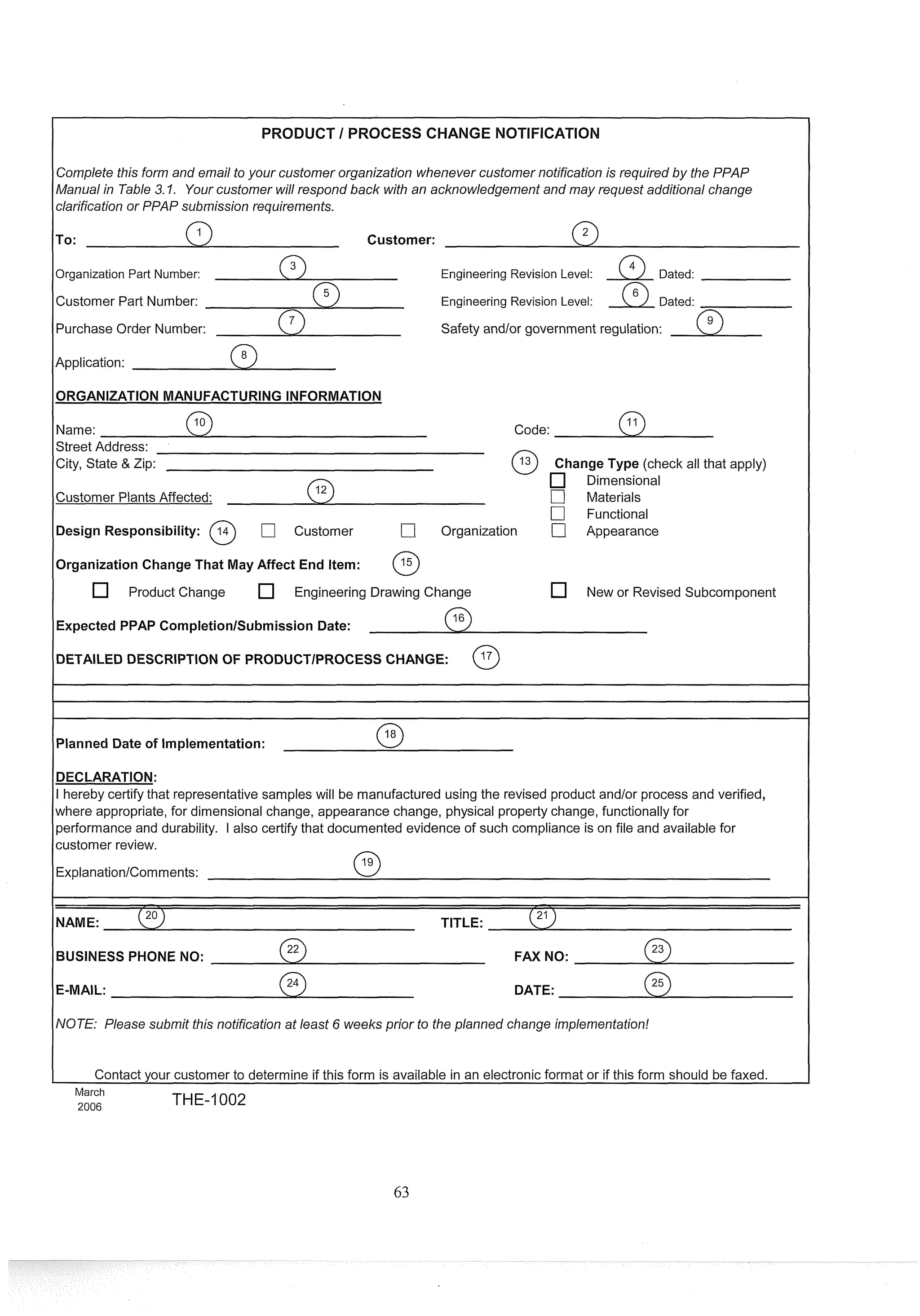 PRODUCT I PROCESS CHANGE NOTIFICATIO
Complete this form and email to your customer organization whenever customer notification is requiredby the PPAP
Manualin Table 3.1. Your customer will respond back with an acknowledgement and may request additional change
clarification or PPAPsubmission requirements.
ITO: Customer:
Organization Part Number: Engineering Revision Level: @ Dated:
Customer Part Number: Engineering Revision Level: @ Dated:
Purchase Order Number: Safety and/or government regulation: 0
Application:
ORGANIZATION MANUFACTURING INFORMATION
Name: Code:
Street Address:
City, State & Zip: @ Change Type (check all that apply)
Dimensional
Customer Plants Affected: [Zj Materials
[7 Functional
Design Responsibility: @ [7 Customer Organization C] Appearance
l~r~anization
Change That May Affect End Item: @
1 Product Change Engineering Drawing Change New or Revised Subcomponent
IExpected PPAP CompletionlSubrnissionDate:
DETAILED DESCRIPTION OF PRODUCTIPROCESS CHANGE: @
Planned Date of Implementation: @
DECLARATION:
I hereby certify that representative samples will be manufactured using the revised product and/or process and verified,
where appropriate, for dimensional change, appearance change, physical property change, functionally for
performance and durability. Ialso certify that documented evidence of such compliance is on file and available for
customer review.
Explanation/Comments:
NAME:
20
TITLE:
BUSINESS PHONE NO: FAX NO:
E-MAIL: DATE:
1NOTE: Please submit this notification at least 6 weeks prior to the planned change implementation!
Contact your customer to determine if this form is available in an electronic format or if this form should be faxed.
March
2006 THE-1002
 