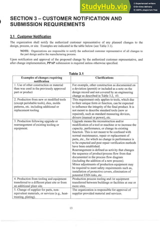 The organization shall notify the authorized customer representative of any planned changes to the
design, process, or site. Examples are indicated in the table below (see Table 3.1).
: Organizations are responsible to notify the authorized customer representative of all changes to
the part design and/or the manufacturing process.
Upon notification and approval of the proposed change by the authorized customer representative, and
after change implementation, submission is required unless otlienvise specified.
notification
1.Use of other construction or material
than was used in the previously approved
part 01- product
2. Production from new or modified tools
(except perishable tools), dies, molds
patterns, etc. including additional or
replacement tooling
3. Production following upgn
rearrangement of existing too
equipment.
~ d e
or
ling or
4. Production from tooling and equipment
transferred to a different plant site or from
an additional plant site.
5. Change of supplier for pasts, non-
equivalent materials, or services (e.g.,heat-
treating, plating).
For example, other constsuction as documented on
a deviation (permit) or included as a note on the
design record and not covered by an engineering
change as described in Table 3.2, #3.
This requirement only applies to tools, which due
to their unique form or fimction, can be expected
to influence the integrity of the final product. It is
not meant to describe standard tools (new or
repaired), such as standard measuring devices,
drivers (manual or power), etc.
Upgrade means the recoiistruction andlor
modification of a tool or machine or to illcrease the
capacity, performance, or change its existing
function. This is not meant to be confi~sed
with
normal maintenance, repair or replacement of
parts, etc., for which no change in performance is
to be expected and post repair verification methods
have been established.
Rearrangement is defined as activity that changes
the sequence of productlprocess flow from that
documented in the process flow diagram
(including the addition of a new process).
Minor adjustments of production eq~~ipinent
may
be required to meet safety requirements such as,
installation of protective covers, elimination of
potential ESD risks, etc.
Production process tooling and lor equipment
transferred between buildings or facilities at one or
more sites.
The organization is responsible for approval of
supplier provided material and services.
 