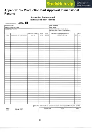 ORGANIZATION: IPART NUMBER:
SUPPLIERIVENDOR CODE:
INSPECTION FACILITY:
March
2006
PART NAME:
DESIGN RECORD CHANGE LEVEL:
ENGINEERING CHANGE DOCUMENTS:
I Blanket statements of conformance are unacceptablefor any test results. I
SIGNATURE TITLE DATE
ORGANIZATION MEASUREMENT
RESULTS (DATA)
TEST
DATE
SPECIFICATION I
LIMITS
ITEM OK
QTY.
TESTED
DIMENSIONISPECIFICATION
NOT
OK
 