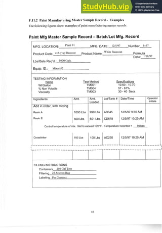 aster Sample Record - Examples
The following figures show examples of paint manufacturingmaster records:
MFG. LOCATION: Plant #1 MFG. DATE: 12/5/97 Number 1x97
Product Code: x x R - ~ ~ ~ ~
Basecoat Product Name:
White Basecoat Formula
Date: 1118/97
Equip. ID.: Mixer #2
TESTING INFORMATION
Name
WtlGallon
% Non Volatile
Viscosity
lngredients
Add in order, with mixing
Resin A
Resin B
Test Method Specifications
TMOOI 10.50 - 10.70
TM004 57 - 61%
TM003 30 - 40 Secs
Amt. 1 Amt. I LotlTank #
Loaded
v
1000 Lbs 999 Lbs AB345
I I
500 Lbs 1 501 Lbs. CD678
Operator
Initials
Control temperature of mix. Not to exceed 105O F. Temperature recorded = Initials
FILLING INSTRUCTIONS
Containers 250 Gal Tote
Filtering 25-Micron Bag
Labeling Per Contract
 